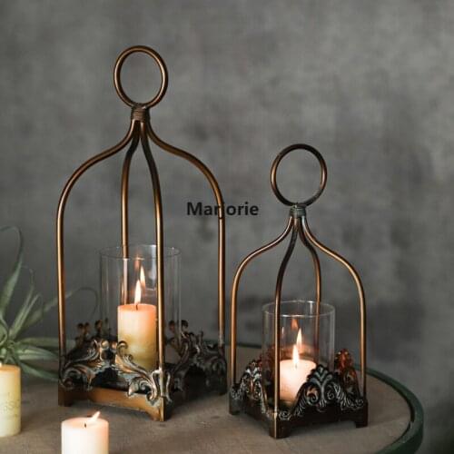 Retro glass candle holder restaurant decoration iron art candle holder metal iron candle holder home creative wind lamp