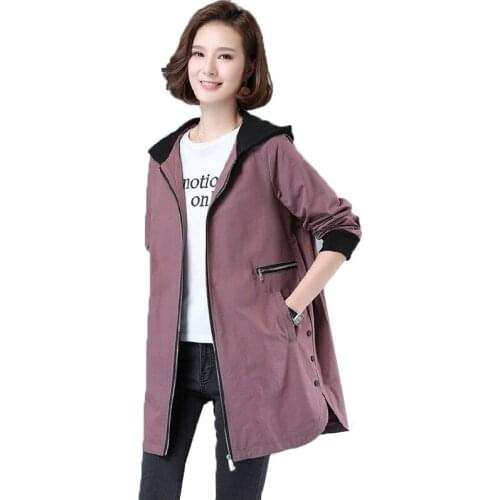 2021 Spring Autumn New Womens Trench Coat Fashion Mid-L ength Hooded Jacket Loose Zipper Large Size Ladies Top A3