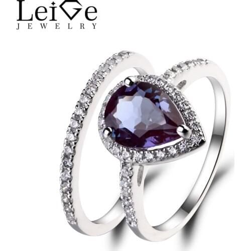 Leige Jewelry Pear Cut Alexandrite Ring Wedding Engagement Rings Set Bridal Sets 925 Sterling Silver Gemstone June Birthstone