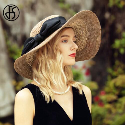 FS Summer Hat For Women 2021 Beach Big Sun Straw Hats Panama Fedora Cap Wide Brim Floppy UV Protection Lady Travel Cap Female