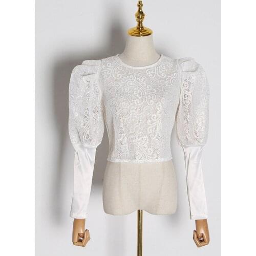 Lace Embroidery Shirts For Women Vintage O-Neck Hollow Out Spliced Puff Sleeve Short Tops Back Zipper Spring Streetwear