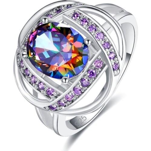 Fashion Ladies Jewelry Silver Colorls Classic Oval Rainbow Mystic Crystal Stone Rings For Women Wedding Gifts Accessories