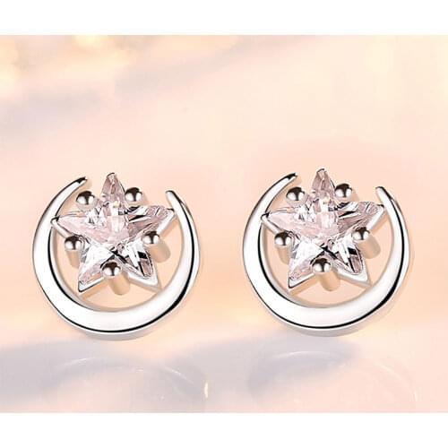925 Sterling Silver Shiny Full Zircon Tiny Star Moon Stud Earrings For Women Girls Statement Ear Jewelry S-E634