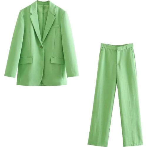 Za Womens Blazers Set Two Piece Jacket Suit Office Ladies Green Blazer Elegant Chic Coats Solid Single Button Long Sleeve Tops