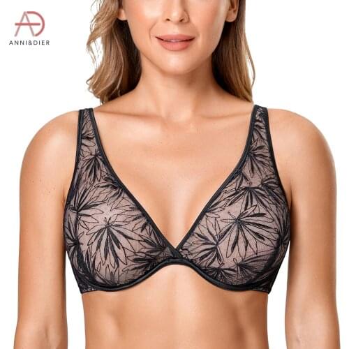 Womens Floral Lace Bra Plus Size Unlined Underwire Sexy Plunge 34-44 B C DD E F G