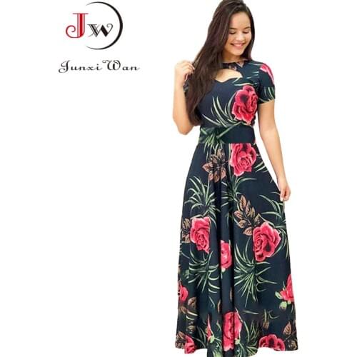 S~5XL Plus Size Women Summer Long Dress 2021 Casual Short Sleeve Boho Style Floral Print Elegant Bodycon Party Maxi Dresses