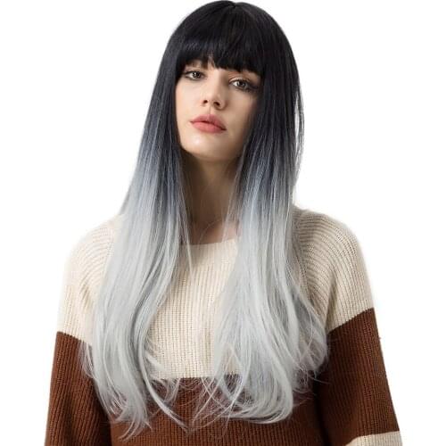 24'' Long Straight Ombre Wig Heat-Resistant Synthetic Wigs For Women Cosplay Wigs with Free Cap (Black+Grey)