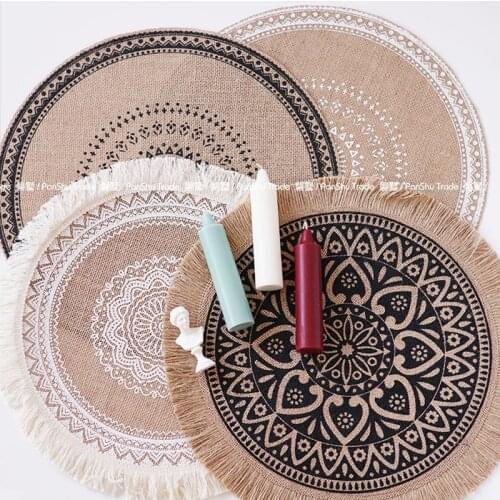 38CM Round Embroidery Placemat Fringed linen placemat Non-slip placemat HeatInsulation Furniture Decoration mat Coffee Cup Mats