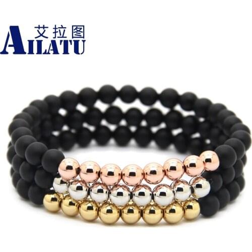 Ailatu Wholesale 10pcs/lot 6mm Natural Matte Onyx Stone Beads Jewelry with Round Plated Brass Beaded Men Bracelet