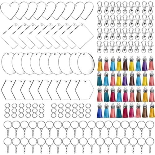 Acrylic Keychain Blank Acrylic Transparent Ornament Pendants and Round Keychain Tassels Small Rings Set for DIY Craft