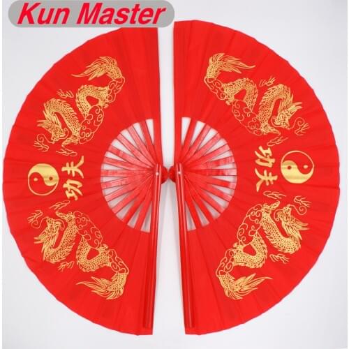 Bamboo Left And Right Tai Chi Performance Fan Martial Arts Kung Fu Fans China Dragon Pattern Red Cover