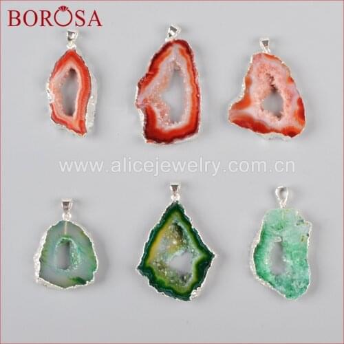 BOROSA Silver Color Rough Freeform Red Green Natural Raw Rainbow Druzy Crystal Quartz Geode Slice Beads Pendants Jewelry SS011-1