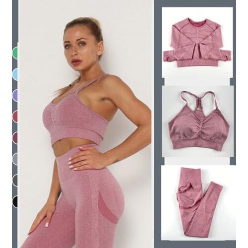 Seamless Women Yoga Set Long Sleeve Crop Top+ Leggings 2 Piece Gym Set Workout Clothes High Waist Tight Fitness Suit Sets