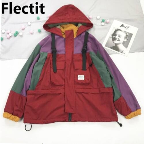 Flectit Hooded Color Block Bomber Jacket Duster Souvenir Sukajan Jacket Japanese Girls Harajuku Style