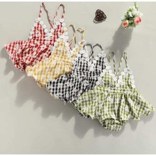 Princess Summer New Baby Girls Halter Rompers Sleeveless Backless Plaid 3D Floral Lace Up Bodysuit Tutu Dress Toddler Clothes