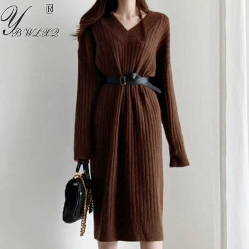 Fashion Elegant Women Autumn Winter Knitted Dress V-Neck Belt High Quality Warm Pullover Straight Long Sleeve Sweater Dress