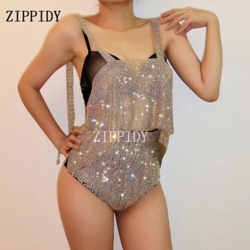 Fashion Sparkly Gold Crystals High Waist Short Black Bra Costumes Two Pieces Rhinestones Outfit Nightclub Singer Stage Show Wear