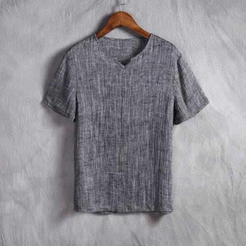 Brand Chinese style mens clothing thin section of Linen casual short-sleeved t-shirt mens pure color V-neck t-shirt