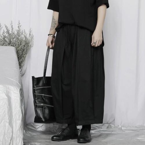 Mens new summer casual trousers. Dark black loose straight straight trousers in large size. Yamamoto style