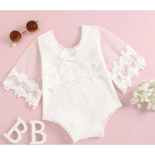 Pudcoco Baby Girls Clothes Summer Rompers, Lace Sheer Stitching Long Sleeves Jumpsuit with Crotch Buttons Toddlers, 0-24 Months