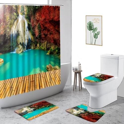 Autumn Waterfall Natural Scenery Shower Curtain Forest Maple Leaf Corridor Landscape Bathroom Curtains Set Non-Slip Bath Mat Rug