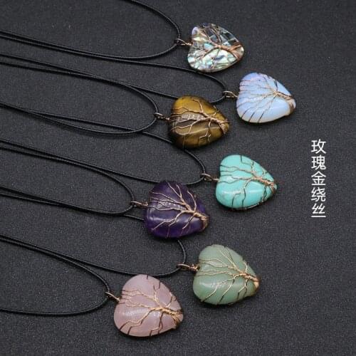 Fashion Natural Semi-precious Stone Necklace Crystal Turquoise Agate Heart Shape Copper Wire Winding Tree Of Life Love Necklace