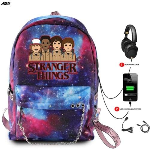 Classic tv Stranger Things USB Backpack Fashion School Bags Friends Fans Travel Bags Laptop Chain Backpack Headphone USB Port