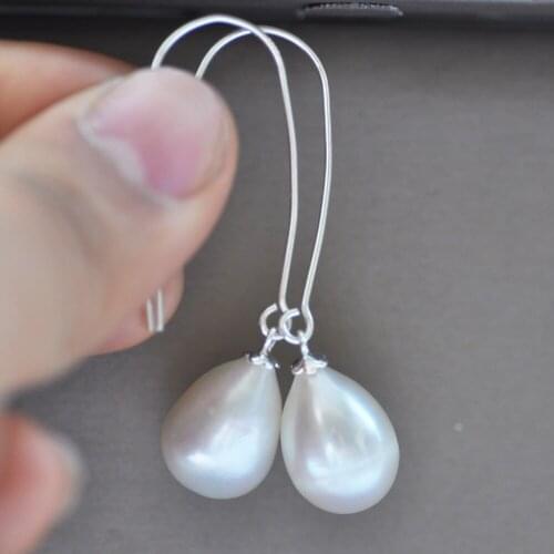 Z10580 16mm White Drop Freshwater Pearl Dangle Earring 925silver
