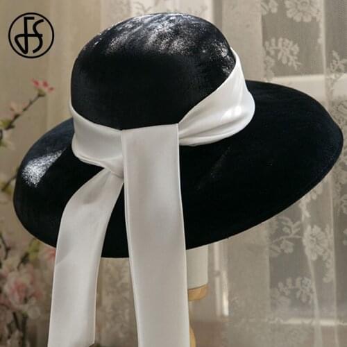 FS Wide Brim Ribbon Black Fedoras Hats For Women Fascinator Wedding Hepburn Style Church Velet Hats With Big Kentucky Derby Hat