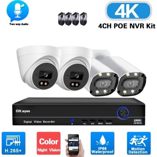 H.265 4K 8MP Video Surveillance System Kit 4CH POE NVR Kit Full Color Night Vision CCTV Security Camera System Set Two Way Audio