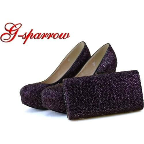 Dark Purple Rhinestone Bridal Dress Shoes with Handbag High Heel Adult Ceremony Shoes Crystal Wedding Party Pumps with Clutch