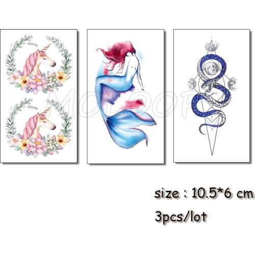 Temporary Tattoo unicorn mermaid snake flower Water Transfer Tatoo Sticker Tattoo Black Tatto Body Art Tatoo Girl Boy Arm Tatto