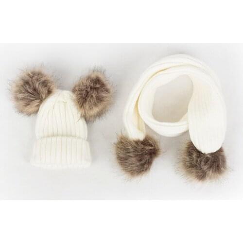 KENSHELLEY Autumn And Winter New Boys And Girls Baby Comfortable Skin Close Wool Ball Knitted Hat PomPom Scarf Multi Piece Set