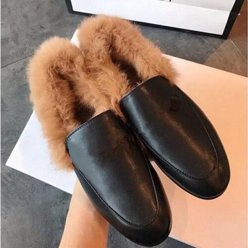 Shoes Women Leather Fur Patchwork Woman Shoes Solid Flat Sneakers Slip On Zapatos De Mujer Winter Warm Shoes Round Toe Casual