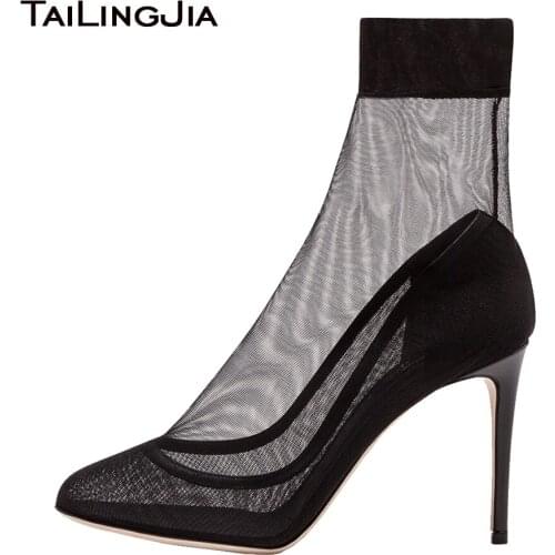 Women Sexy Black Mesh Round Toe Pumps Summer Ankle Booties Sock Boots Ladies Dress Shoes Stiletto Heels Plus Size Wholesale 2018