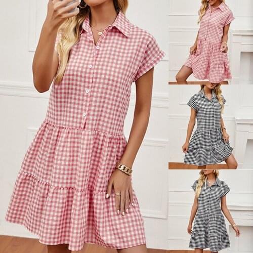 Womens New Fashion Plaid Lapel Loose Dress