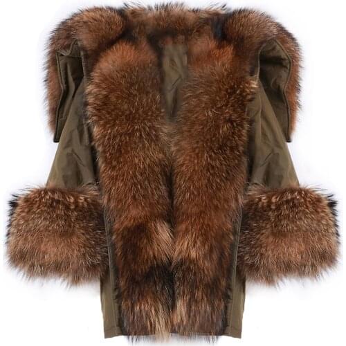 YOLOAgain Winter Warm Women Ladies Long Real Fur Parka With Big Natural Raccoon Fur Collar