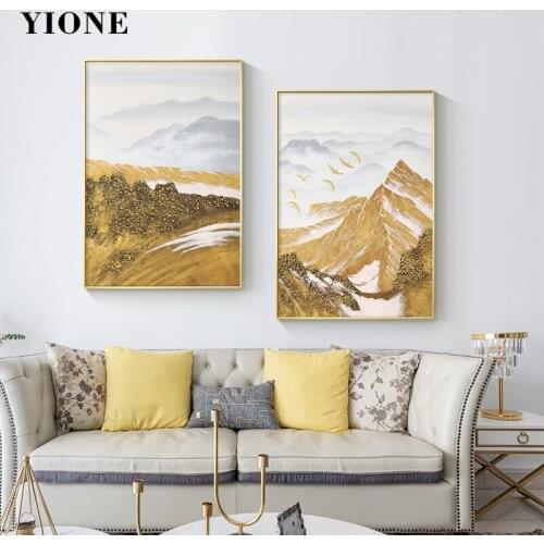 Golden Mountain Valley Birds Posters and Prints Modern Luxury Landscape Canvas Art Paintings Wall Pictures for Living Room Decor