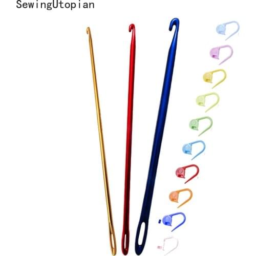 13PCS Afghan Tunisian Aluminum Crochet Hook DIY Knit Tool with An Eye Knitting Sewing Needle Crochet Hook Locking Stitch Markers