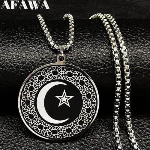 2021 Fashion Muslim Star Moon Stainless Steel Necklaces Men Black Silver Color Luna Necklaces Pendants Jewelry colgante N803S02