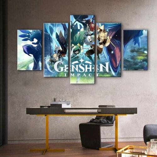 5 Panel Genshin Impact Game Anime Poster Canvas Painting Oil Painting Art Painting on Canvas and Living Room Decoration Painting