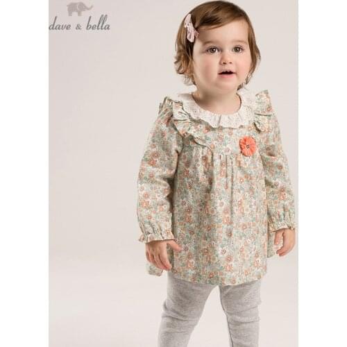 DBM16823 dave bella spring baby girls cute floral appliques clothing sets kids fashion long sleeve sets children 2 pcs suit