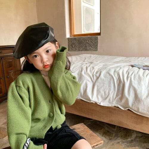 Childrens coat 2021 autumn new Korean girls' French bubble sleeve sweater cardigan childrens long sleeve cardigan