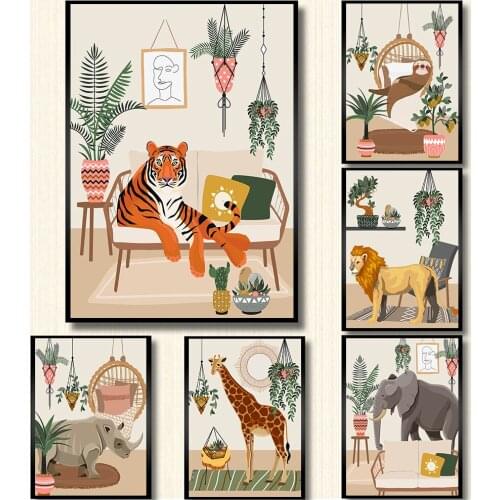 Canvas Painting Wild Jungle Animal Giraffe Lion Tiger Sloth Rhino Posters and Prints Decorative Wall Art Picture Home Room Decor