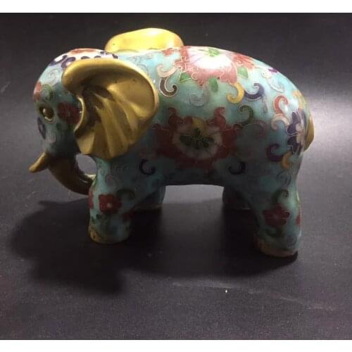 Chinese Pure Bronze Cloisonne Carving Flower Standing Elephant Lovely Animal Statue Lucky Home Decoration
