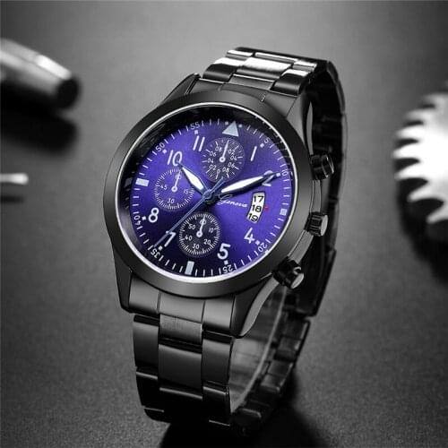 Geneva Watch Men Blue Watches Black Stainless Steel Auto Date Quartz Wristwatch Men Sports Watches reloj hombre horloge heren