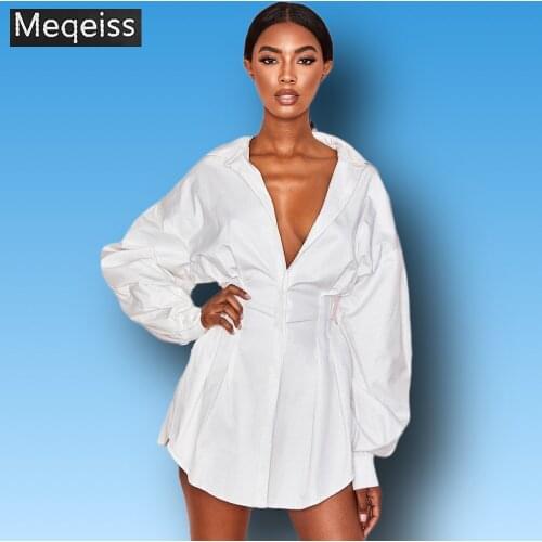 Meqeiss White Shirt Dress Women Elegant Turn Down Collar Cotton Outwear Mini Dress Casual Long Sleeve Vacation A-Line Outfits