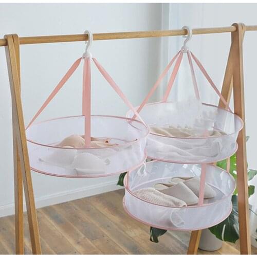 Pink Double-Layer Clothes Basket Round Clothes Net Foldable Sweater Clothes Drying Netting Windproof Hanging Dryer Mesh Underwea
