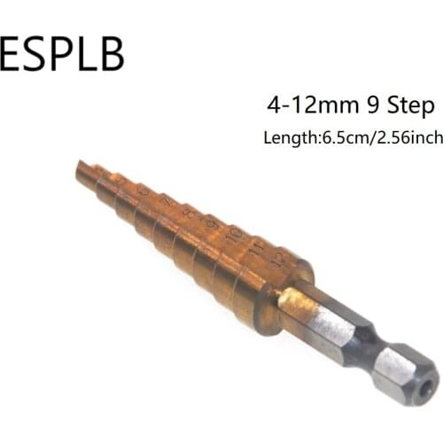 ESPLB 1pc 4-12mm 5/9 Steps 3-13mm Drill Bit Titanium Hex Shank High Speed Steel Cutter Wood Cone Saw Power Drill Drilling