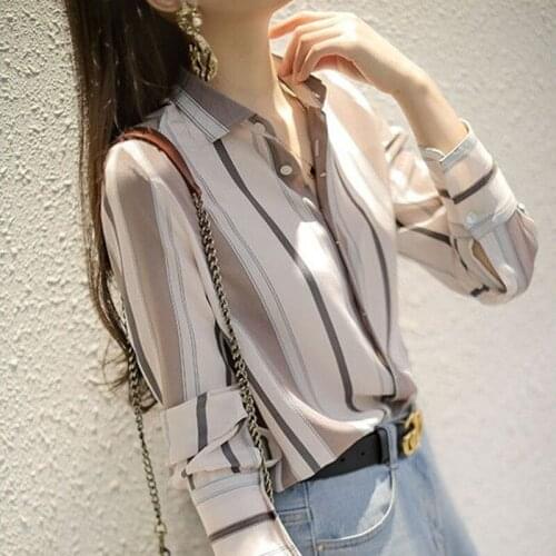 Chain Embellished with Heroic Vertical Stripe Casual Loose Shirt Long Sleeve Shirt Women Polo Shirt Women Shirts for Women